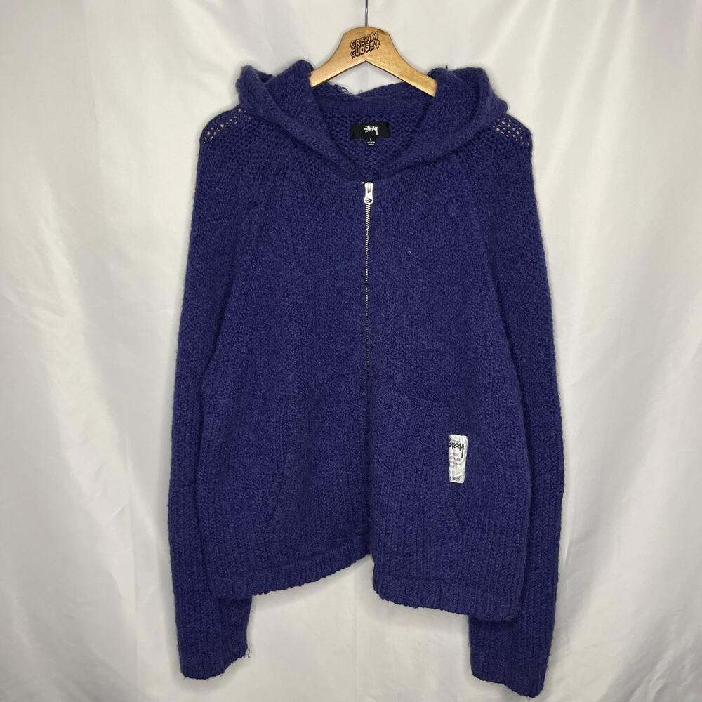 Stussy Chunky Knit Alpaca Wool Hoodie in Navy Blue L